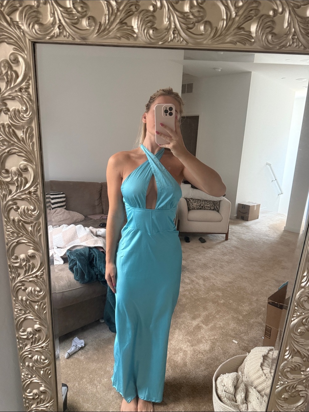 Satin Crisscross Halter Maxi Dress - Blue